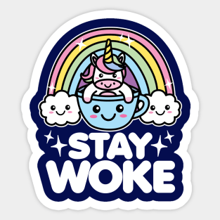 Stay Woke Kawaii Unicorn in Coffee Cup Sticker